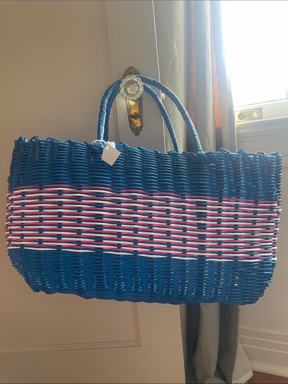 Woven Blue Straw Tote with Pink & White Accent